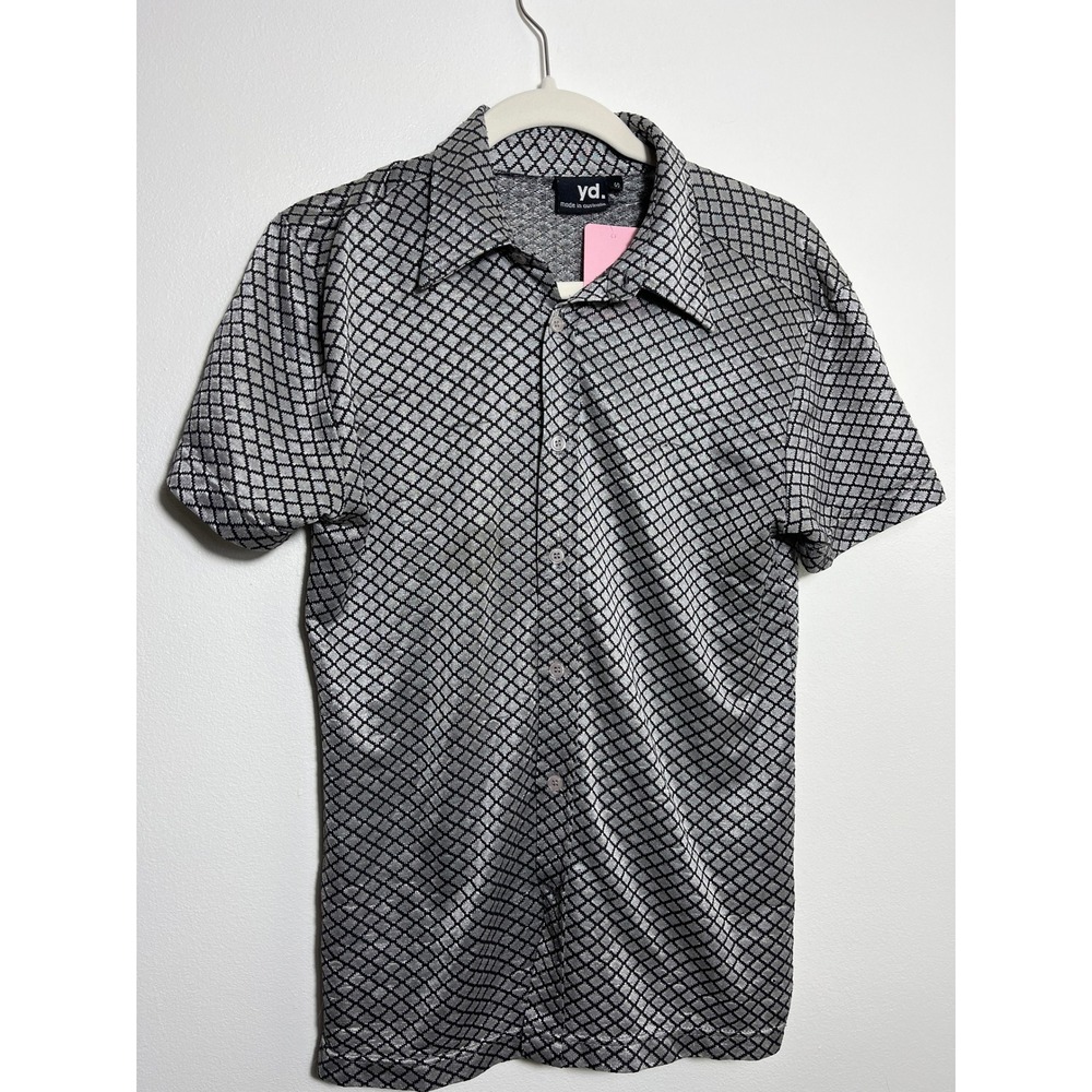 Mens Silver Black Geometric‎ Diamond Short Sleeve Button Down Shirt Size S